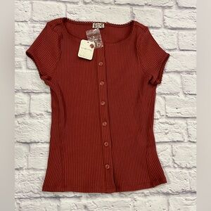 Free People most wanted cardi top rust red Ribbed Button-Up  shirt NWT S